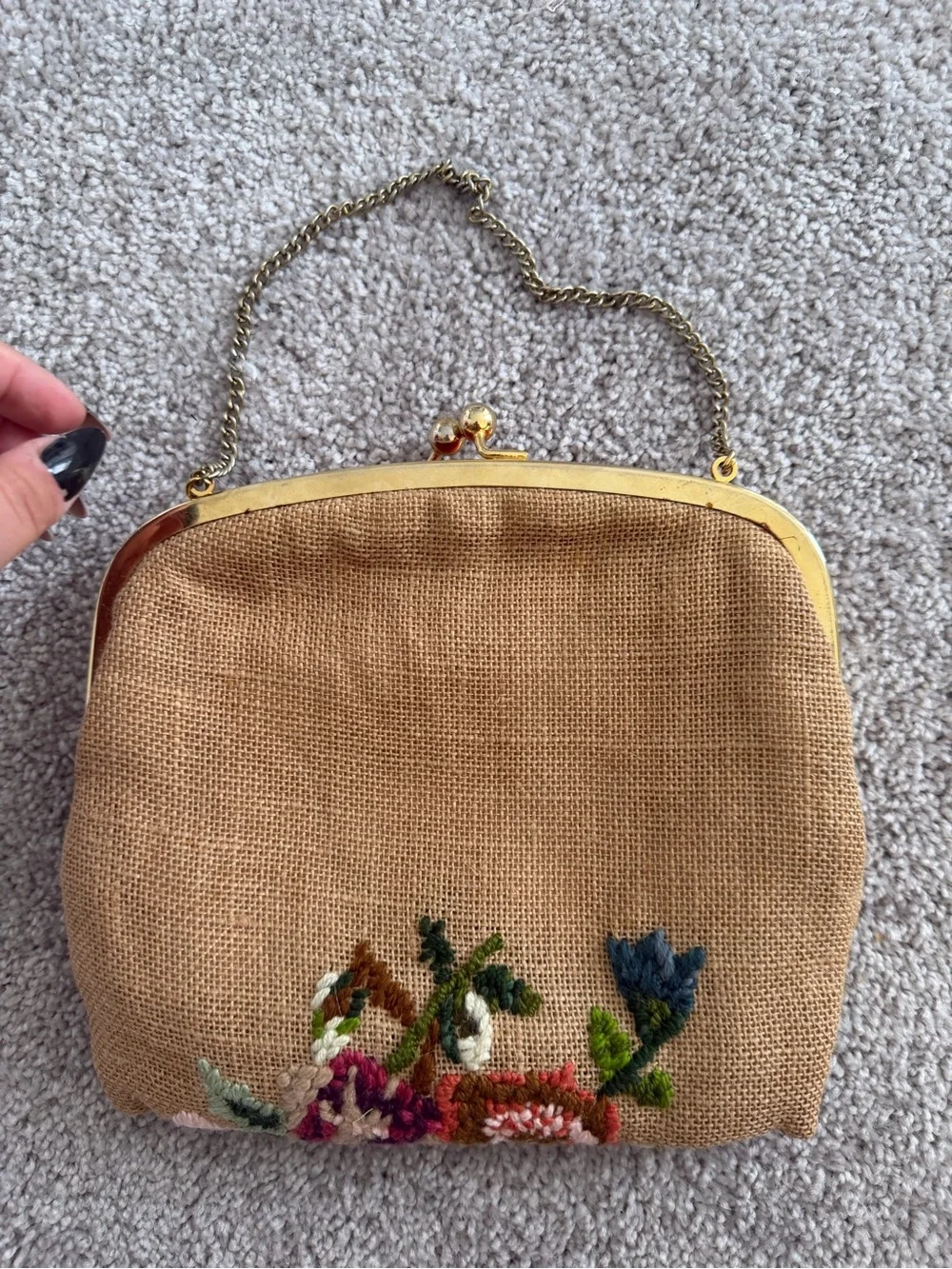 Vintage Embroidered Floral Beaded Clutch in Tan and Multicolor